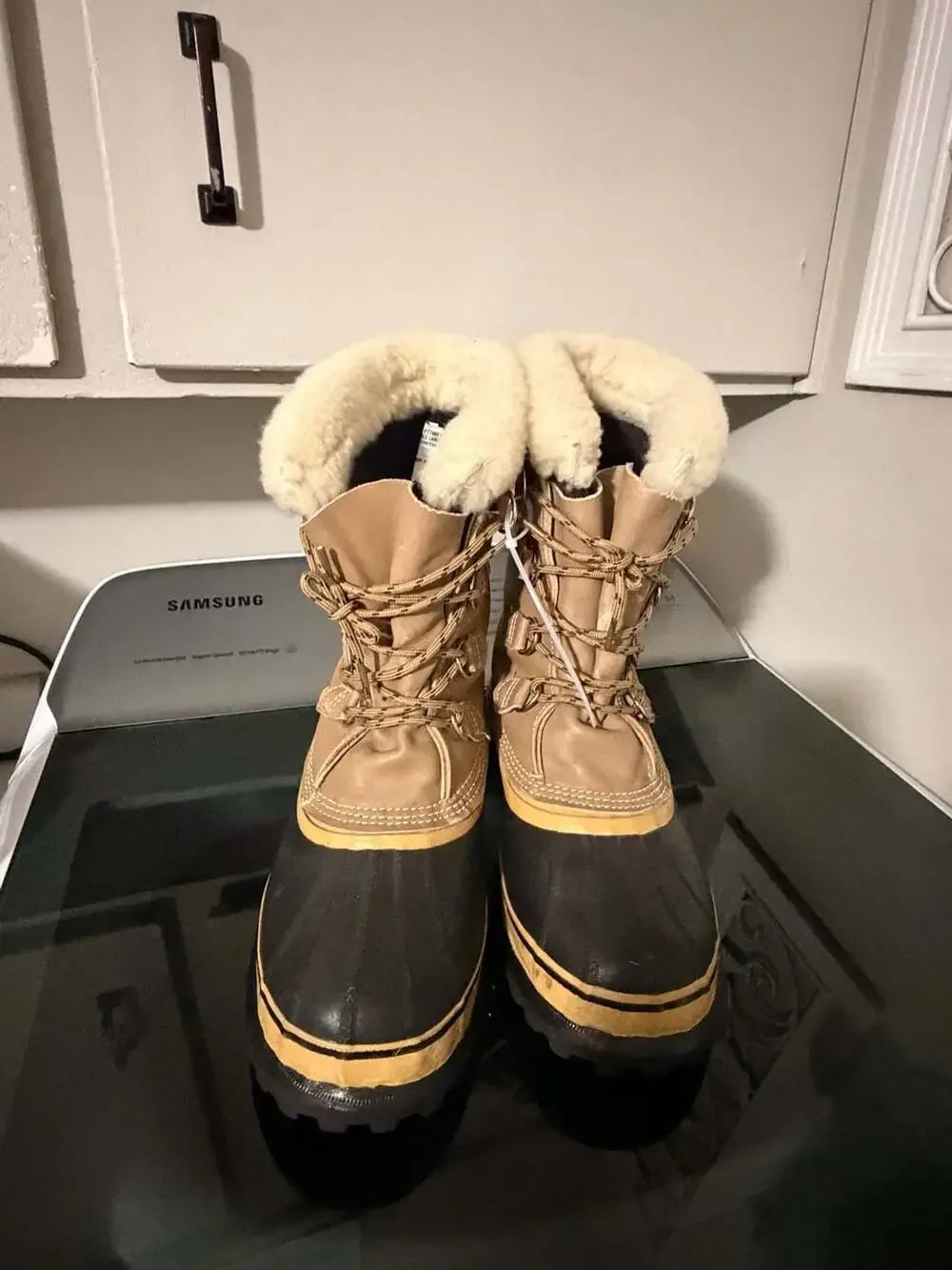 Sorel Caribou Waterproof Leather Winter Boots Tan Black Faux Fur